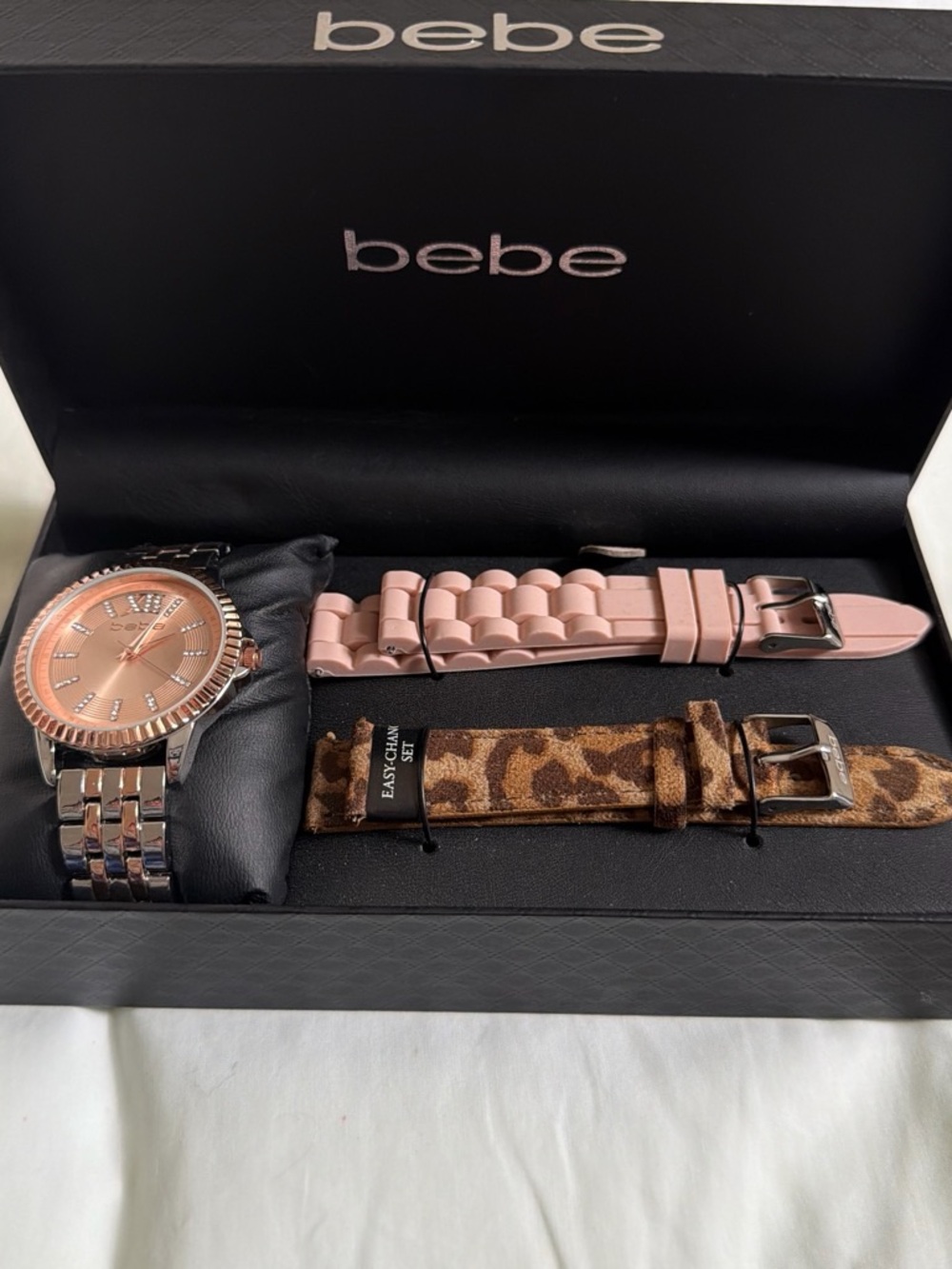 bebe Rose Gold and Light Pink Watch with Leopard Strap